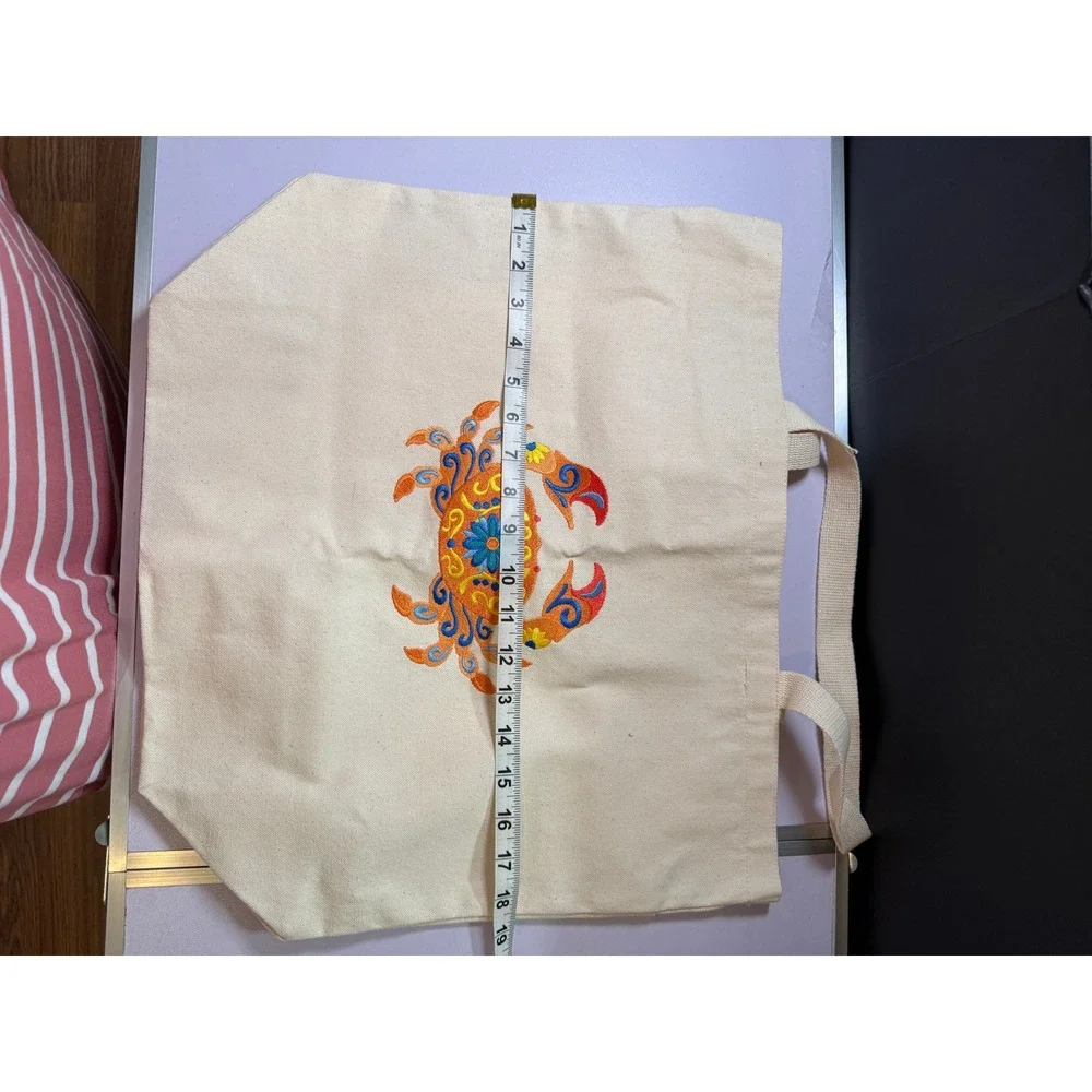 Embroidered Crab Canvas Tote Bag Coastal Beach Reusable Shopper‎